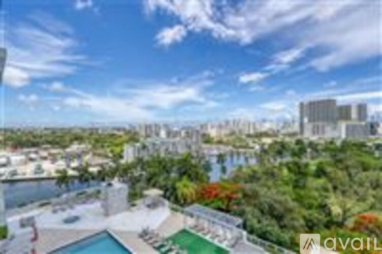A view of a city from a high vantage point with a pool in the foreground.