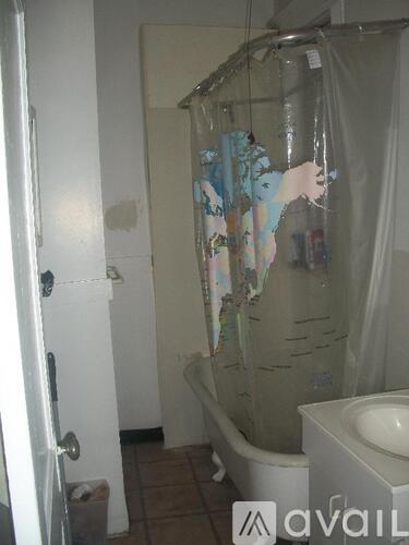 A bathroom with a shower curtain and a toilet.