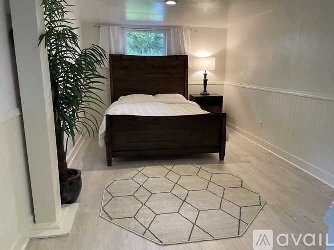 A bedroom with a bed, a potted plant, and a rug.