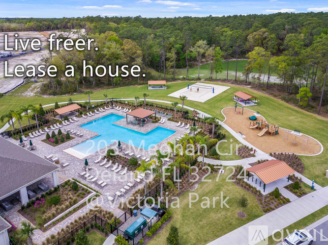 A bird's eye view of a lease-to-own house with a pool and a playground.