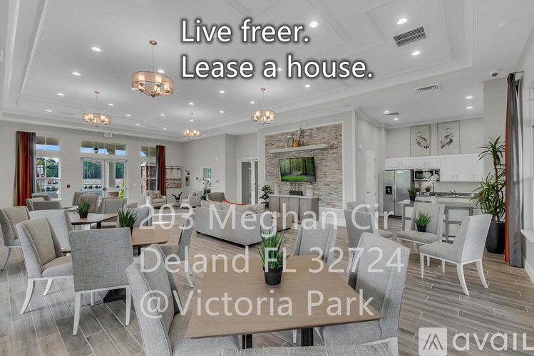 A modern living room with a caption offering to lease a house.