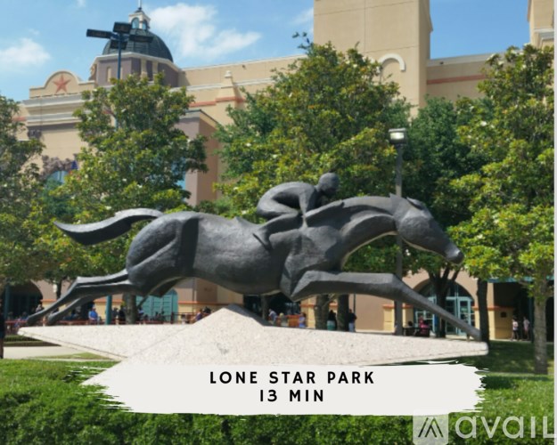 A statue of a horse and rider in Lone Star Park.