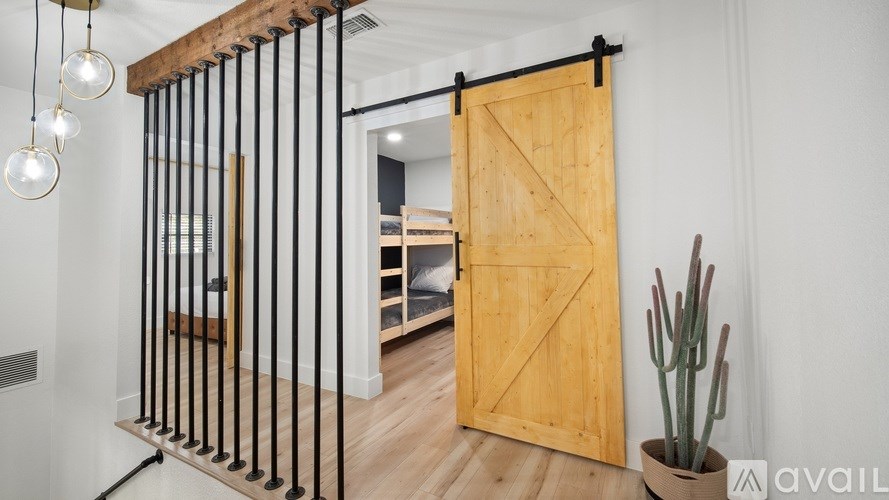A room with a wooden door and a cactus plant.