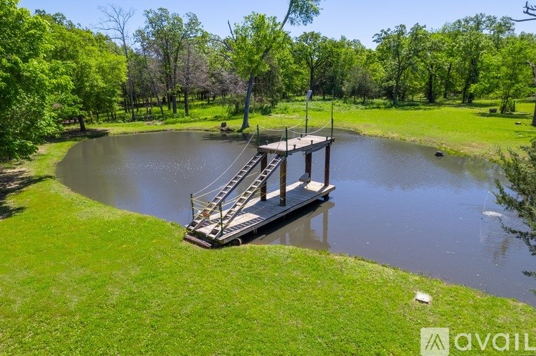 A small wooden dock extends into a pond in a lush green park.