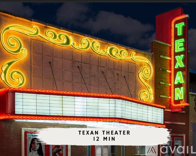 A brightly lit neon sign for the Texan Theater.