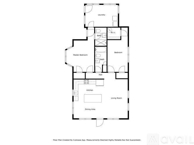 A floor plan of a house with a living room, dining area, kitchen, master bedroom, and two other bedrooms.