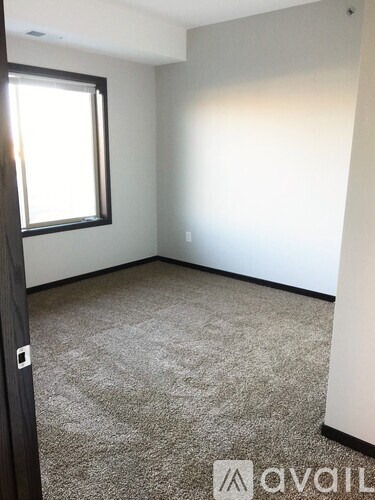 A carpeted room with a window and a door.