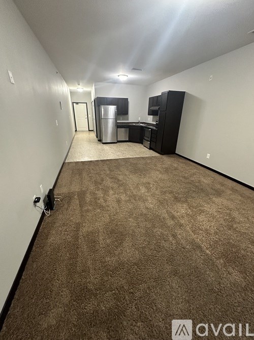 A long hallway with a carpeted floor and a trash can in the middle.