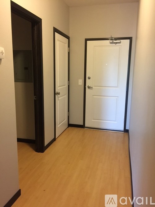 A hallway with two doors and a wooden floor.