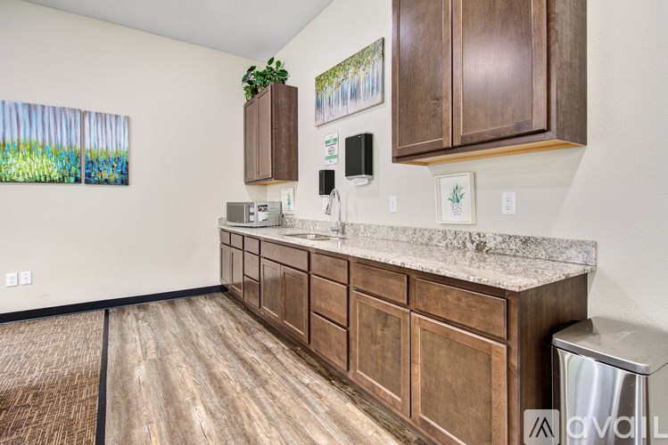 A kitchen with wooden cabinets and a marble countertop.