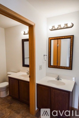 A bathroom with a toilet, sink, and mirror.