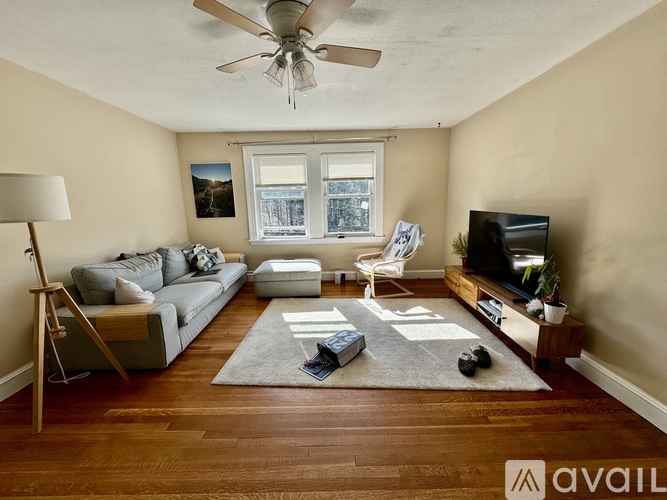 A living room with a grey couch, a white chair, a grey rug, a wooden floor, a ceiling fan, a wooden cabinet, a television, a plant, and a painting on the wall.