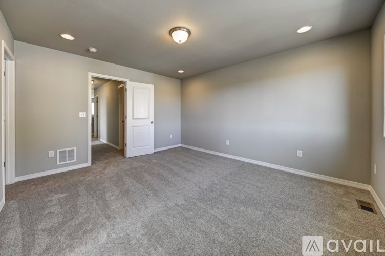 A spacious room with a carpeted floor and a ceiling light.