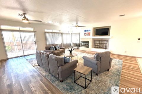 A living room with a grey couch and a television.