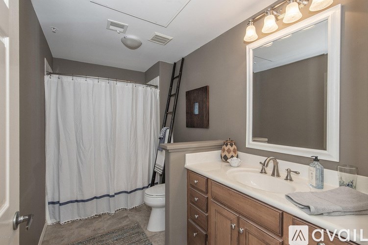 A bathroom with a white shower curtain, a white sink, and a mirror.