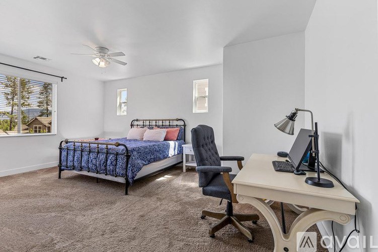 A bedroom with a bed, desk, and chair.