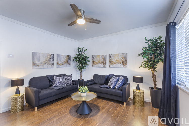 A living room with a black couch, a coffee table, and a ceiling fan.