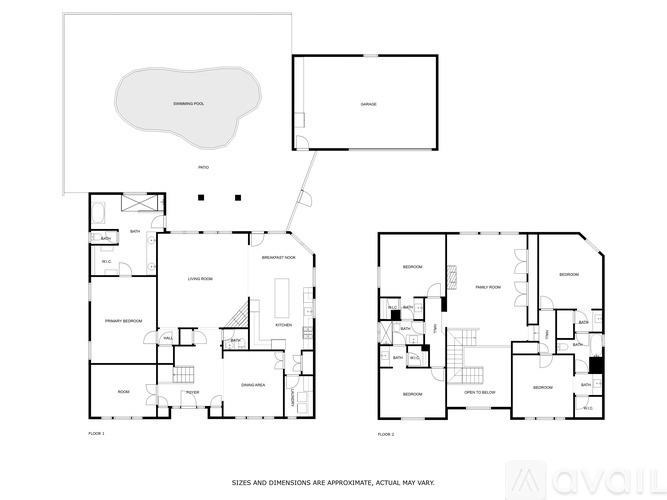 A floor plan of a house with two separate sections, one with a garage and the other with a living area.
