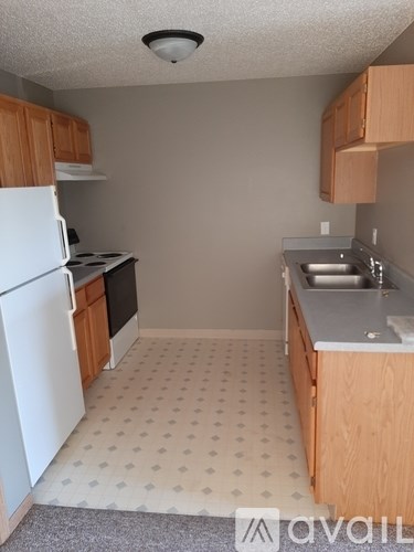 A kitchen with a white fridge and wooden cabinets.