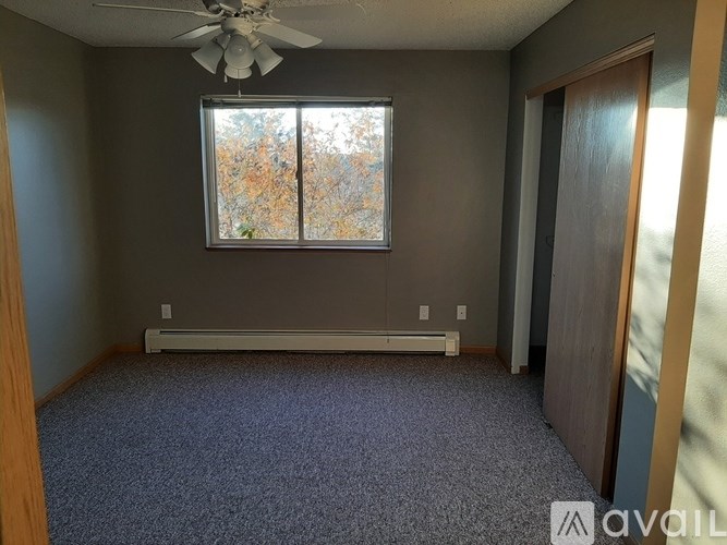 A room with a ceiling fan and a window with trees visible outside.