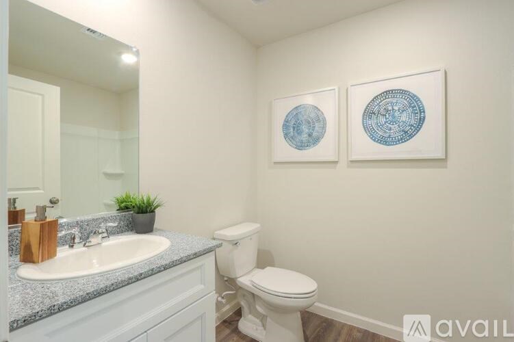 A bathroom with a toilet, sink, mirror, and two framed circular artworks on the wall.