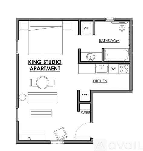 A floor plan of a King Studio Apartment with a bathroom, kitchen, and living room.
