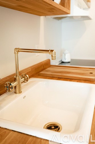 A white sink with a gold faucet and a gold-colored pipe.