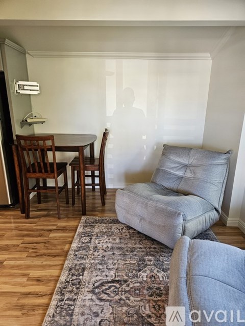 A living room with a grey couch, a wooden dining table with chairs, and a rug.
