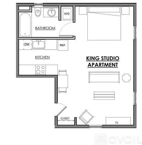 A floor plan of the King Studio Apartment.