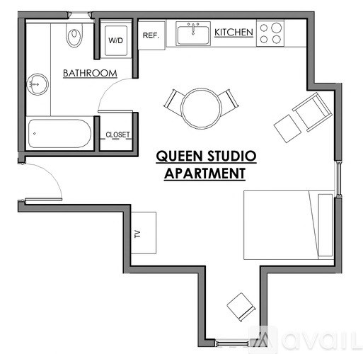 A floor plan of the Queen Studio Apartment.