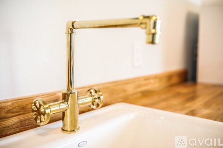 A white sink with a gold faucet and a gold handle.
