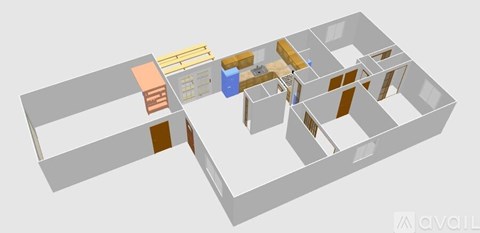 A 3D rendered image of a house layout.