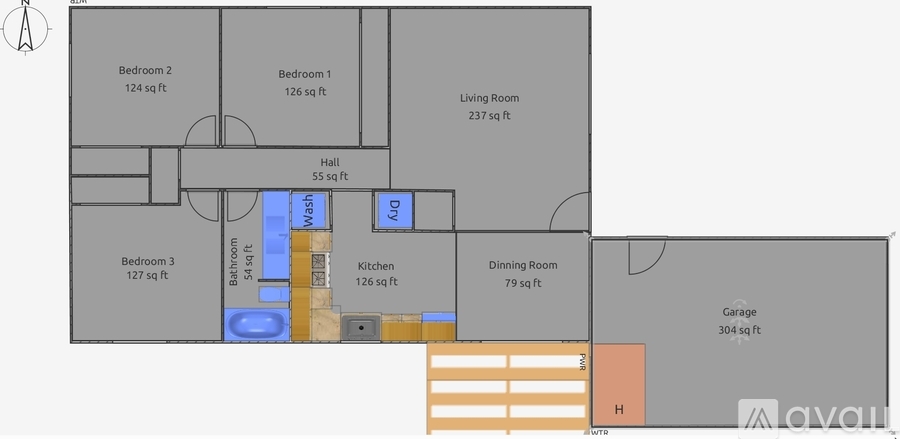 A floor plan of a house with three bedrooms, a living room, a dining room, a kitchen, a garage, and a hall.