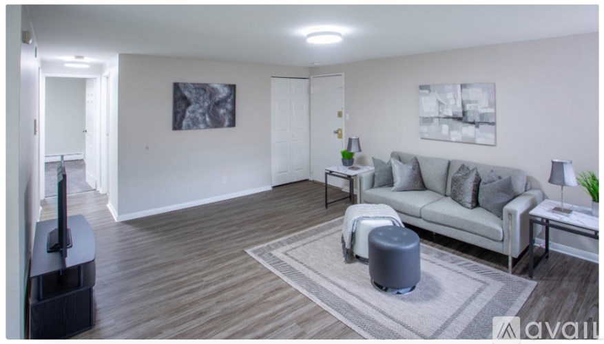 A living room with a grey couch, a small table, and a rug.