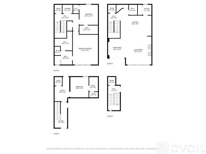 Floor plans for apartment buildings with various room layouts and measurements.