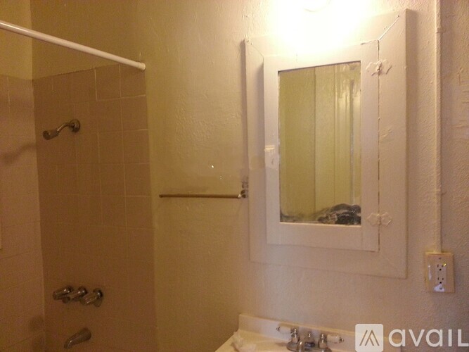 A bathroom with a shower, sink, and mirror.