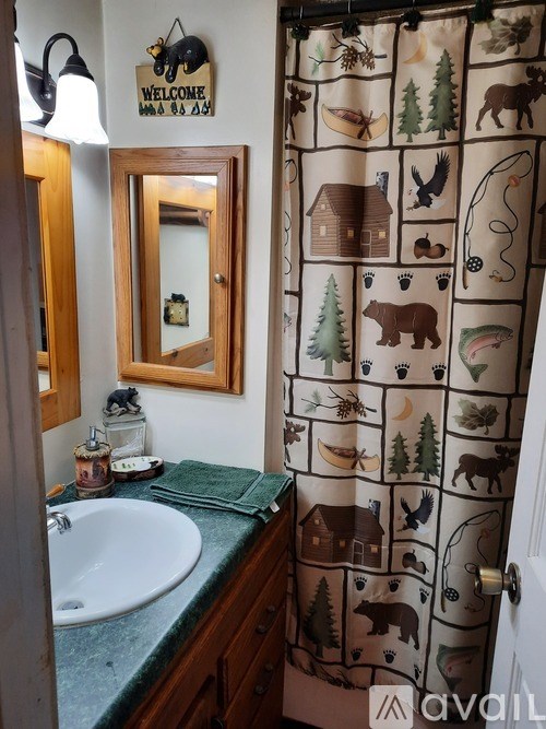 A bathroom with a shower curtain that has a bear and tree design on it.