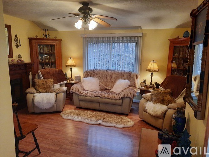 A living room with a couch, chair, and rug.