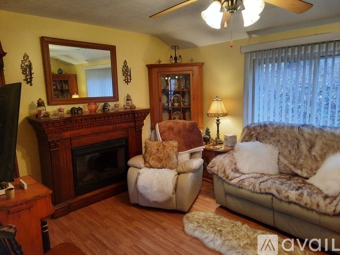 A living room with a fireplace and a couch.