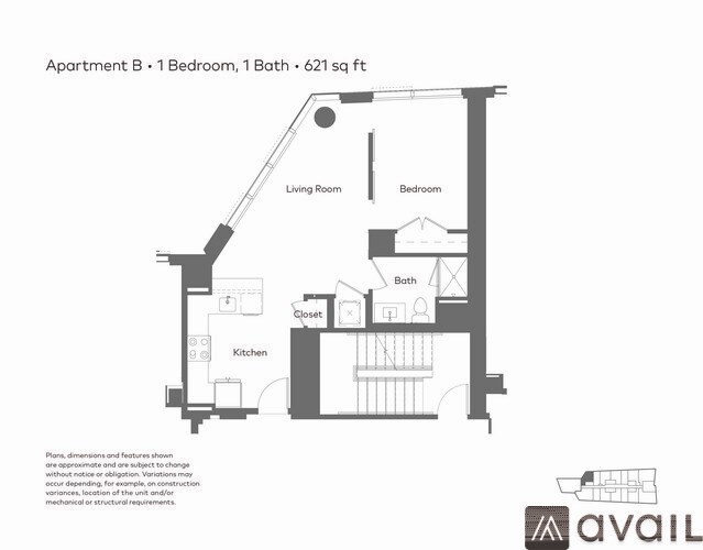 A floor plan of a one bedroom apartment with a bath and closet.