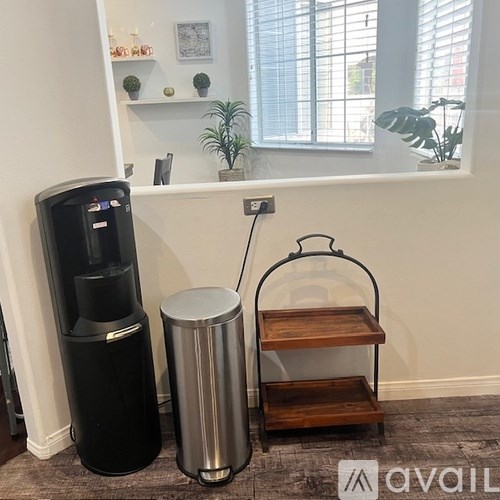 A black trash can sits next to a silver trash can and a wooden shelf with a plant on it.