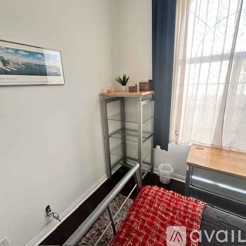 A room with a red and black patterned rug in the foreground and a small table with a plant on it.