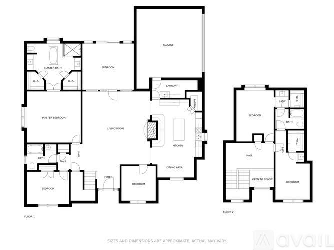 A black and white image of a floor plan for a house with two master suites.