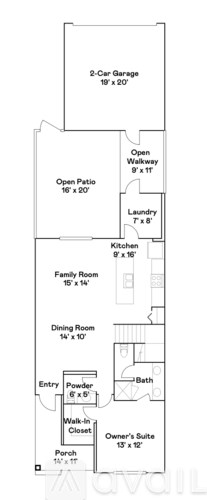 A floor plan of a house with a 2-car garage, open walkway, laundry room, kitchen, family room, dining room, entry powder room, bath, and owner's suite.