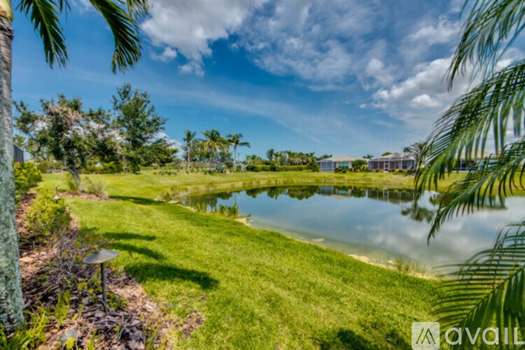A lush green landscape with a pond and palm trees.