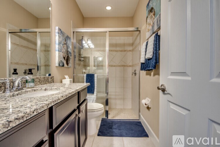 A bathroom with a marble countertop and a walk-in shower.