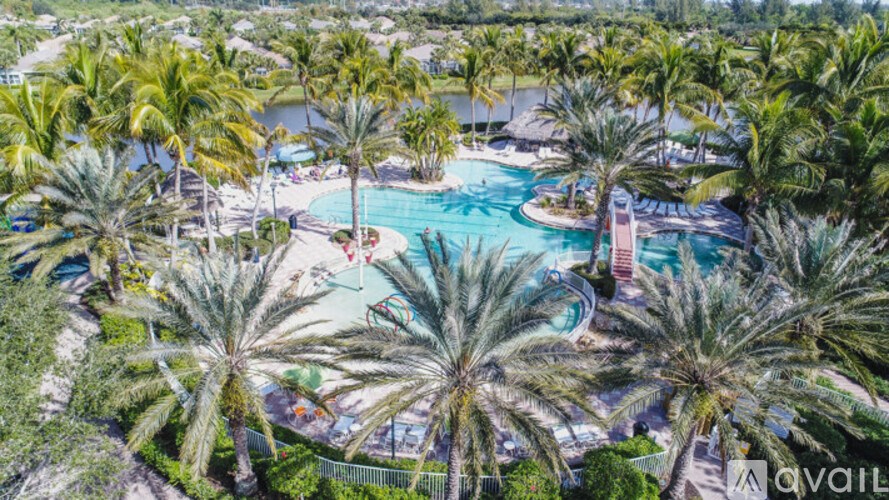 A large pool surrounded by palm trees.