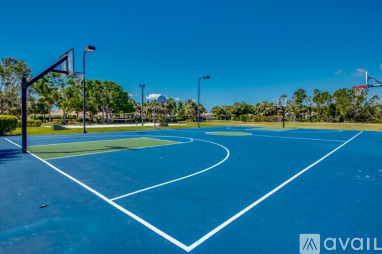 A basketball court with a blue surface and white lines.