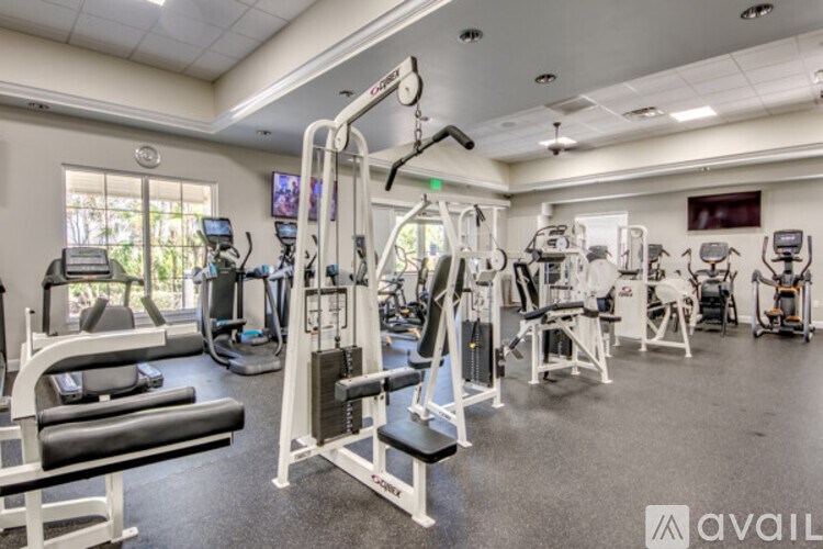 A well-equipped gym with various exercise machines and weights.