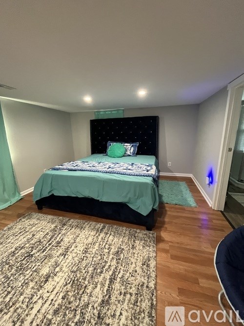A bedroom with a bed, a rug, and a wall mural.